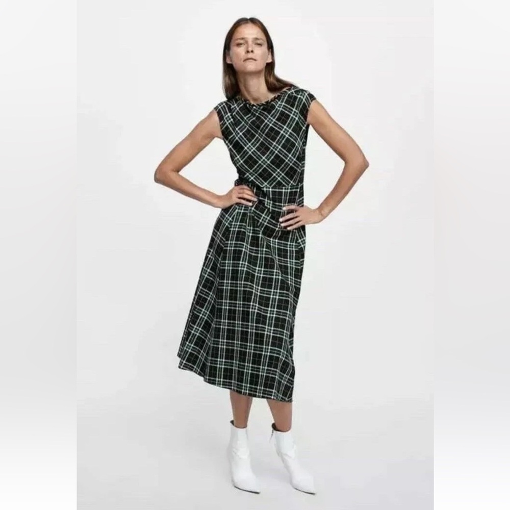 Zara Sz L Green Plaid Sleeveless Midi Dress